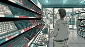 量販店の売り場で展示キーボードに触れ言葉に詰まる男性の様子