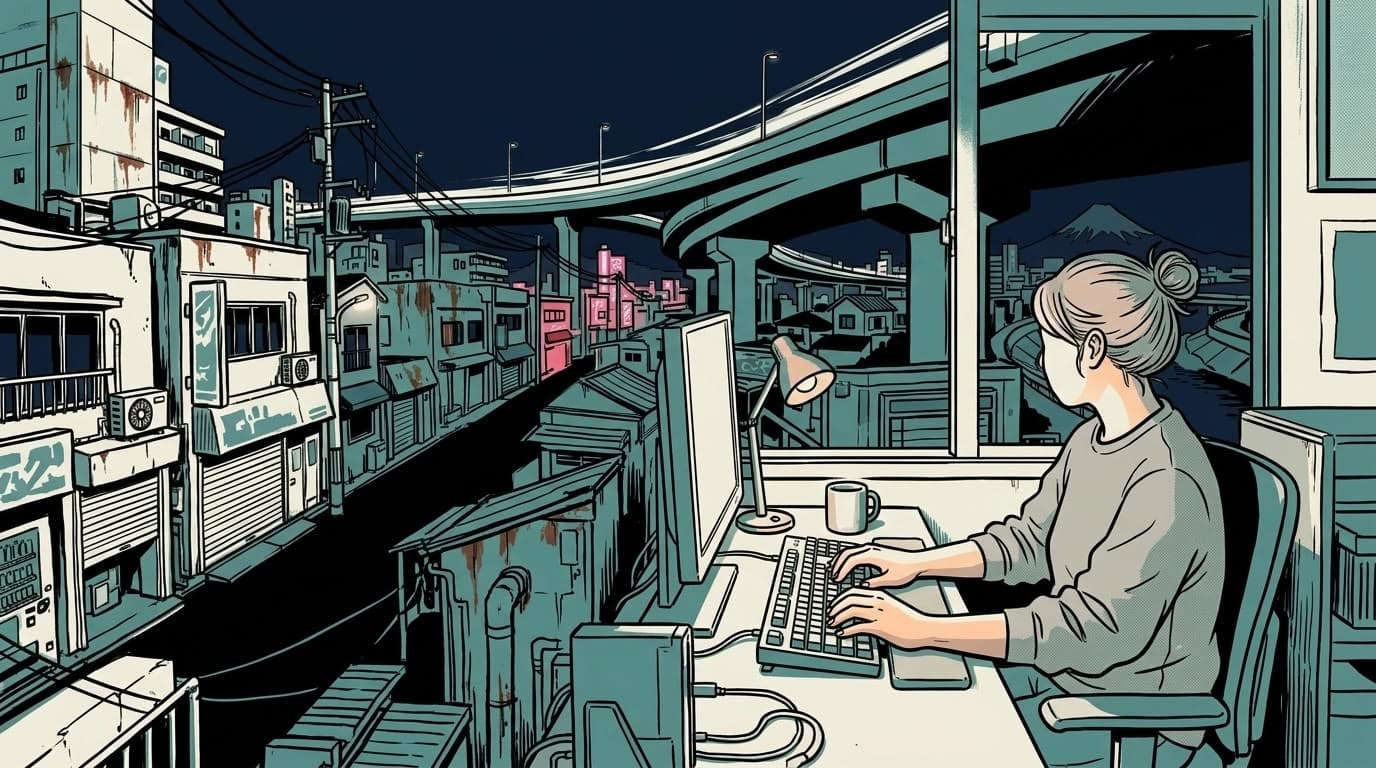 夜の書斎で長時間タイピングしながら疲れにくさを検証している様子