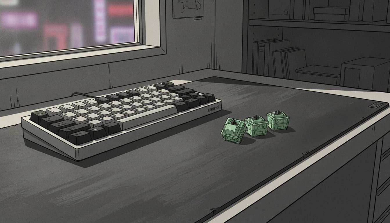 75%サイズのキーボードと翡翠色の磁気スイッチを並べた斜め俯瞰の様子