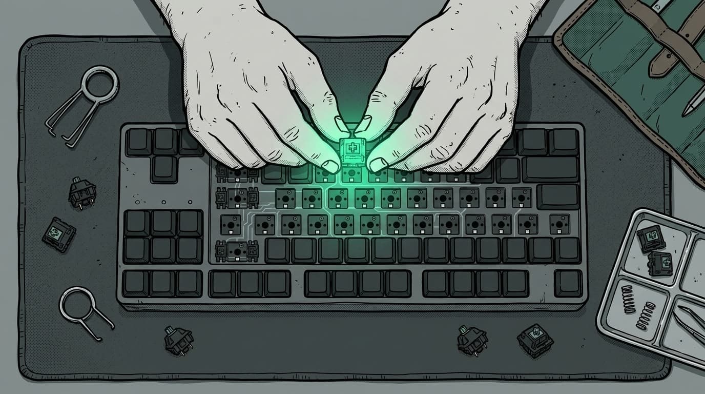 自作キーボードに翡翠色の磁気スイッチを差し込む手元の俯瞰の様子