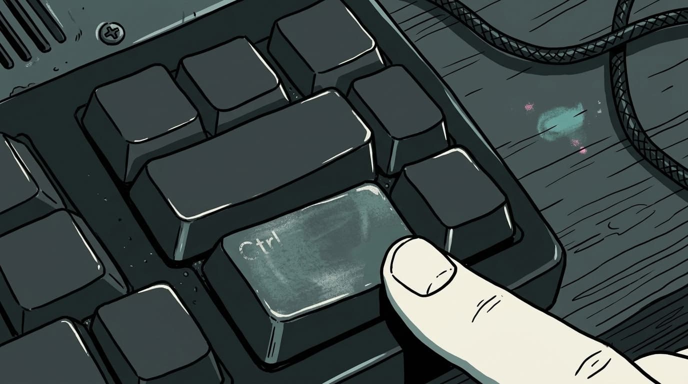 使い込まれたエルゴノミクスキーボードの左Ctrlキーを指で押す接写